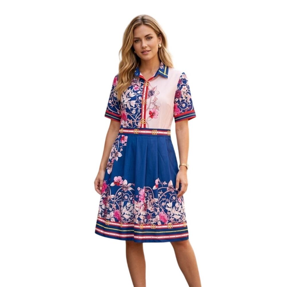 Dalia MacPhee Floral Shirt Dress Size M/L Blue Pink Scarf Print Midi Maximalist